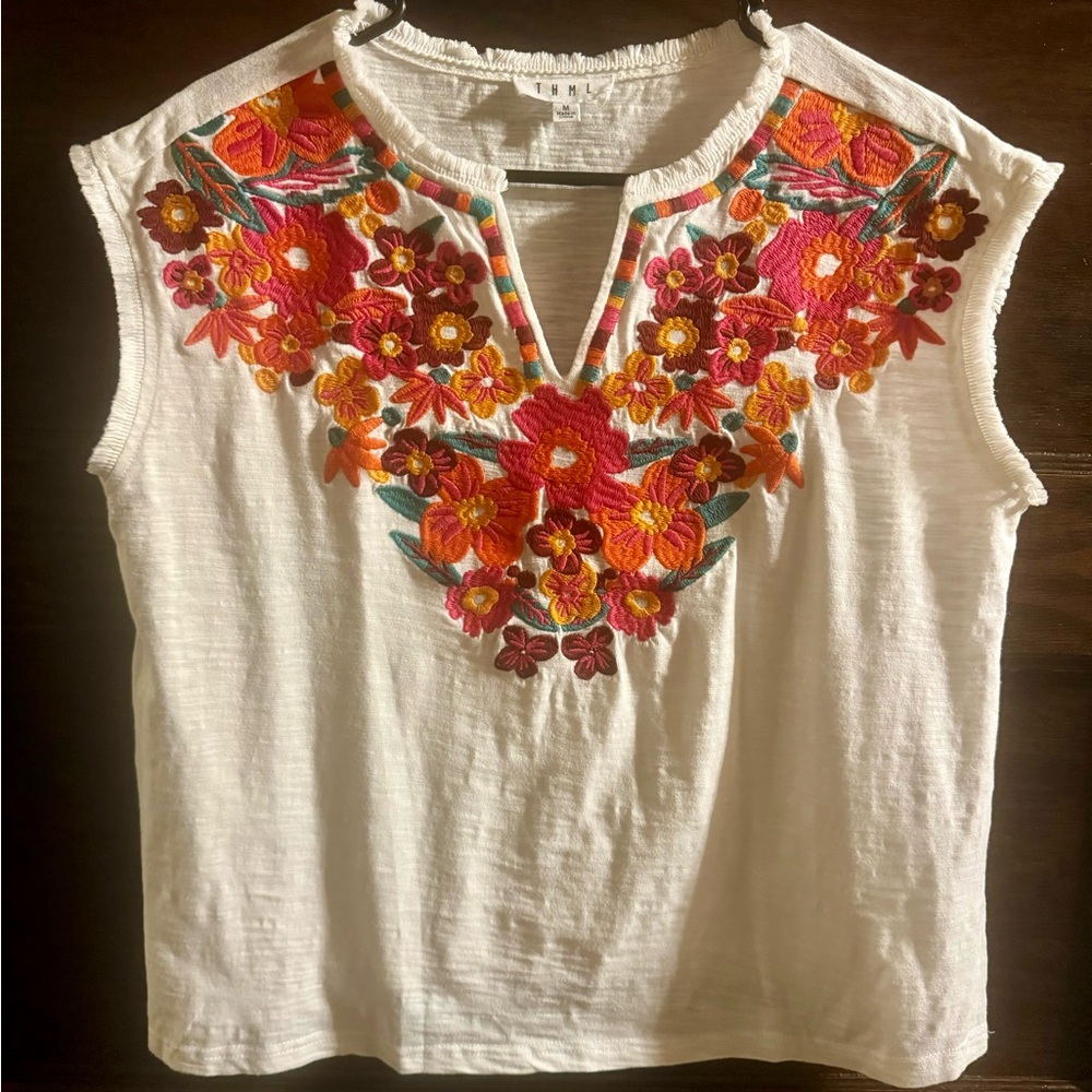 THML White Sleeveless Tank with Vibrant Orange & Pink Floral Embroidery, Size M